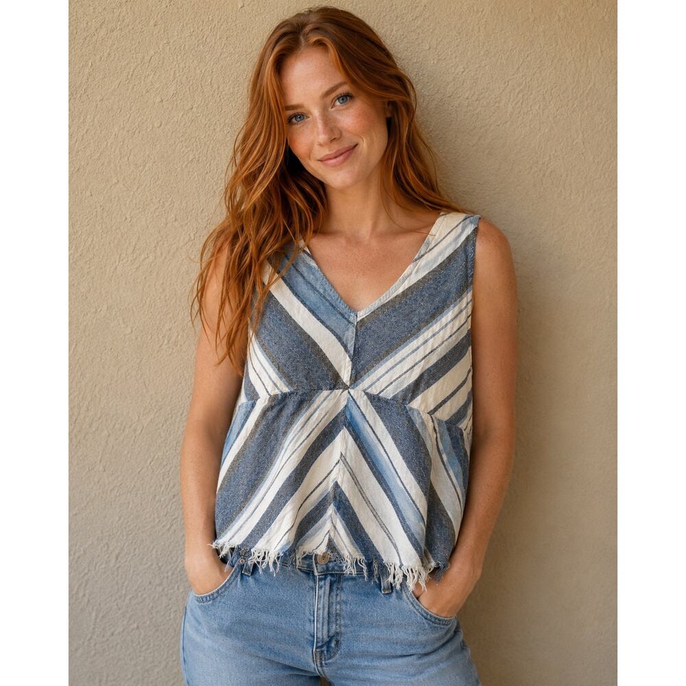 Indigo Rain Blue Striped Sleeveless V-Neck Fringe Hem‎ Tank Top Womens Large